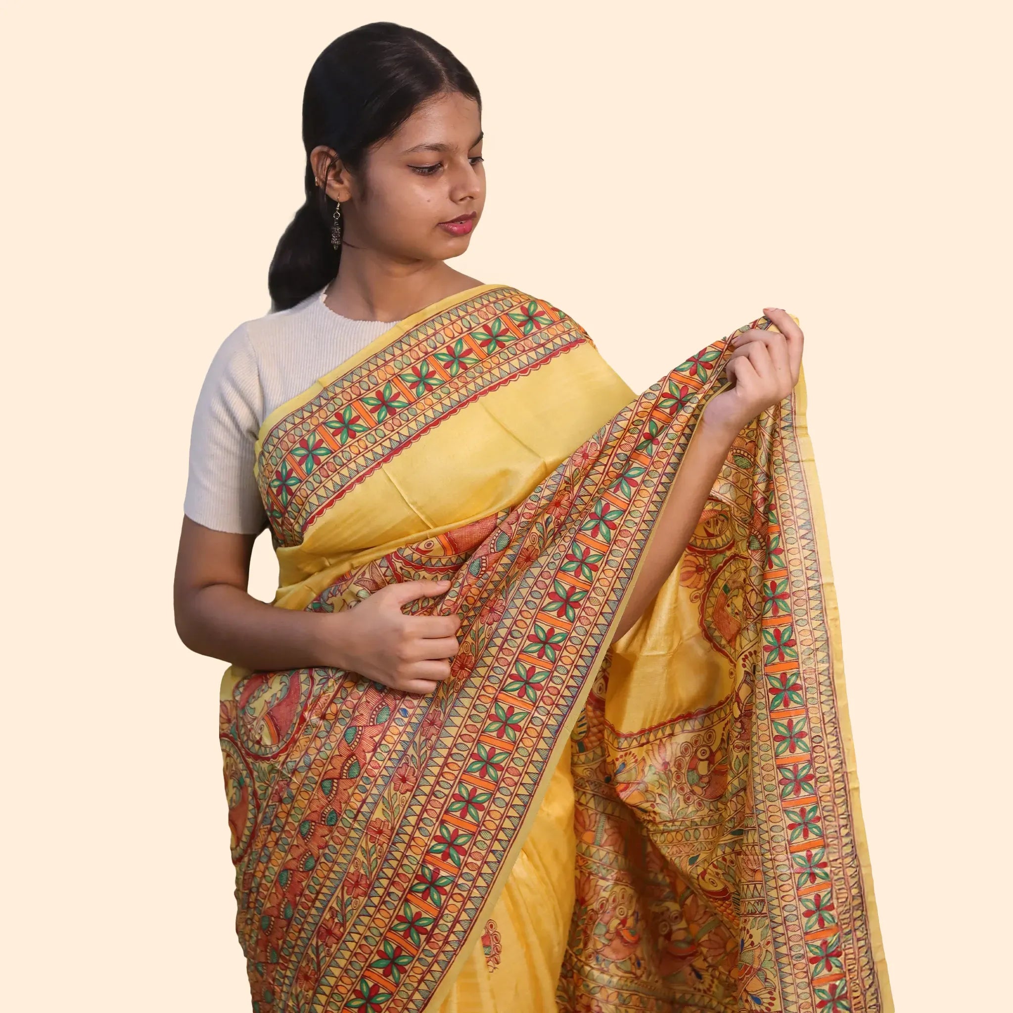 Yellow Madhubani Saree With Maroon Border