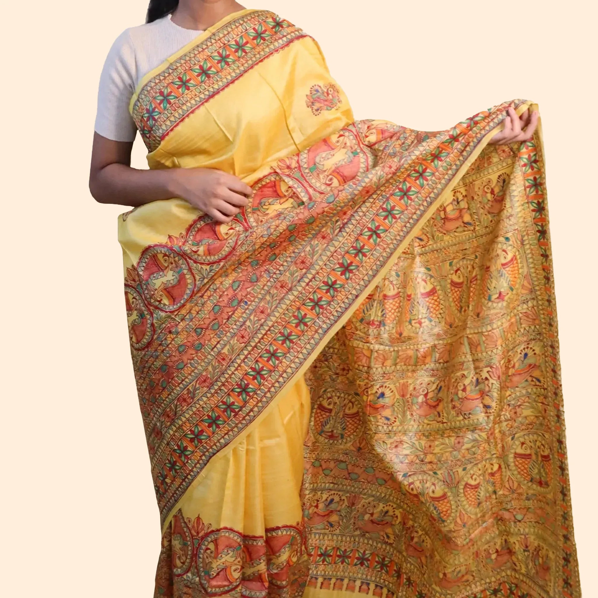 Yellow Madhubani Saree With Maroon Border