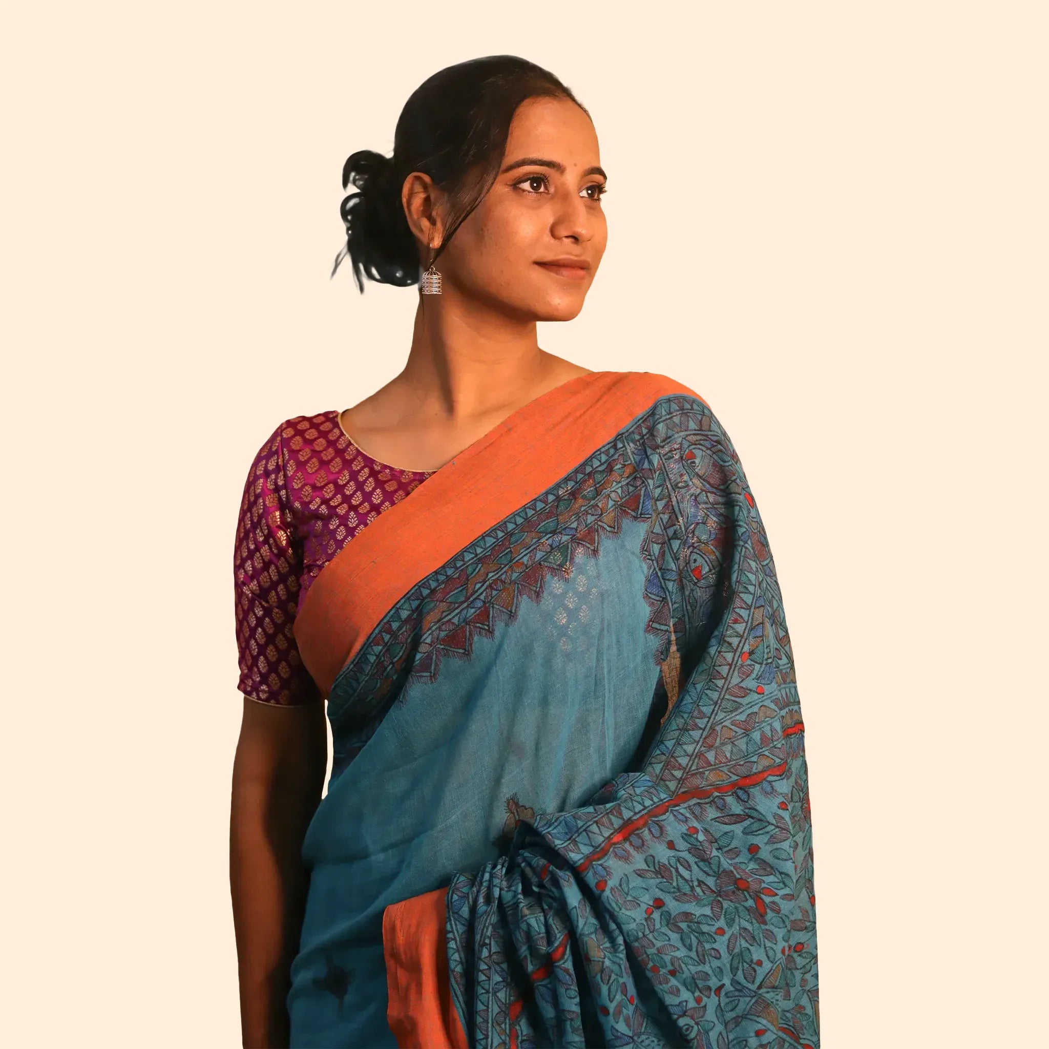 Blue Madhubani Artwork  Pure Cotton Saree With An Orange Border Eye Catching Blend