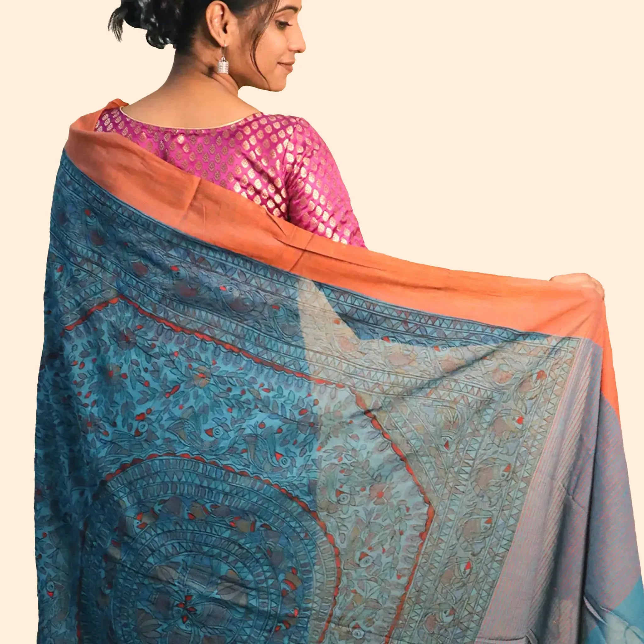 Blue Madhubani Artwork  Pure Cotton Saree With An Orange Border Eye Catching Blend