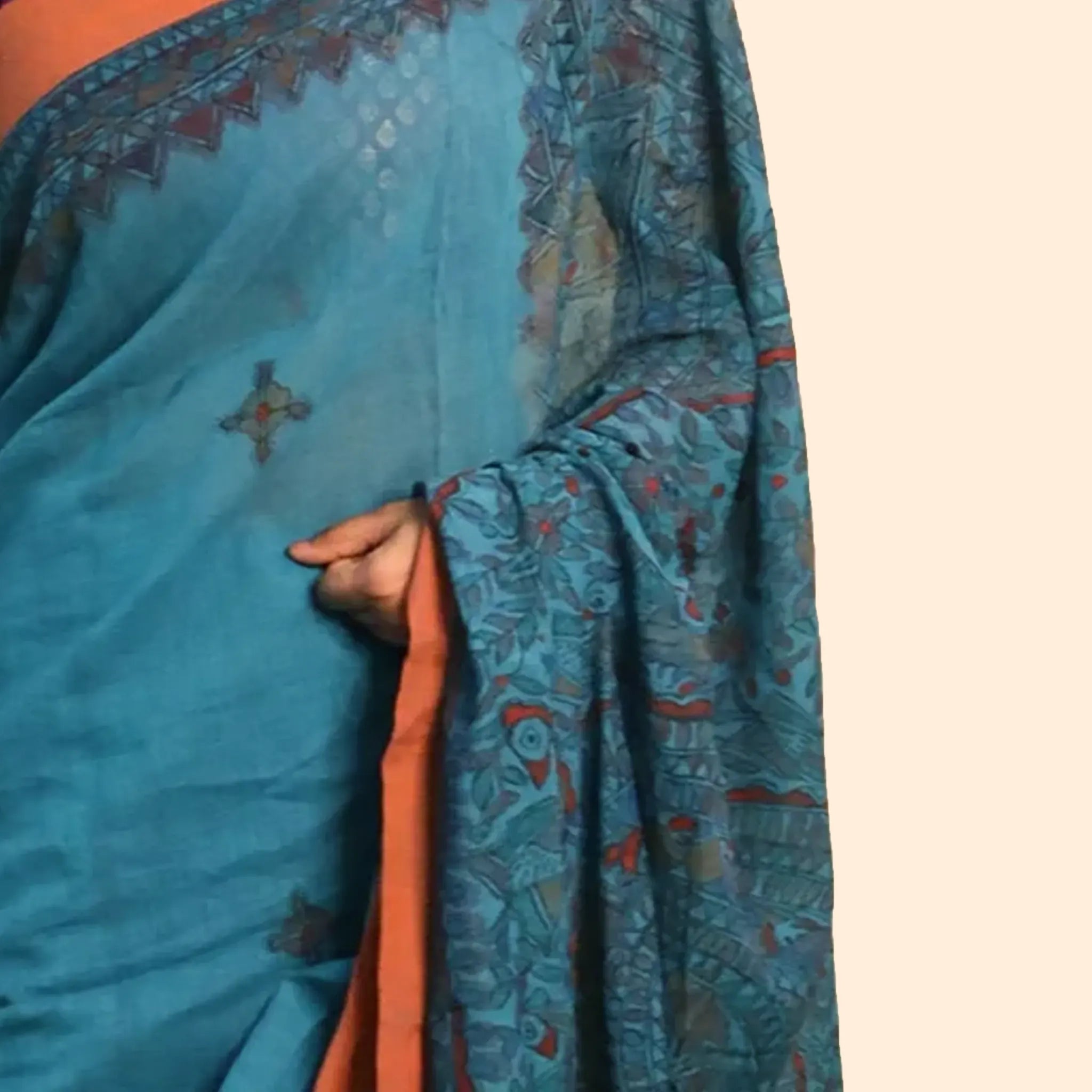 Blue Madhubani Artwork  Pure Cotton Saree With An Orange Border Eye Catching Blend