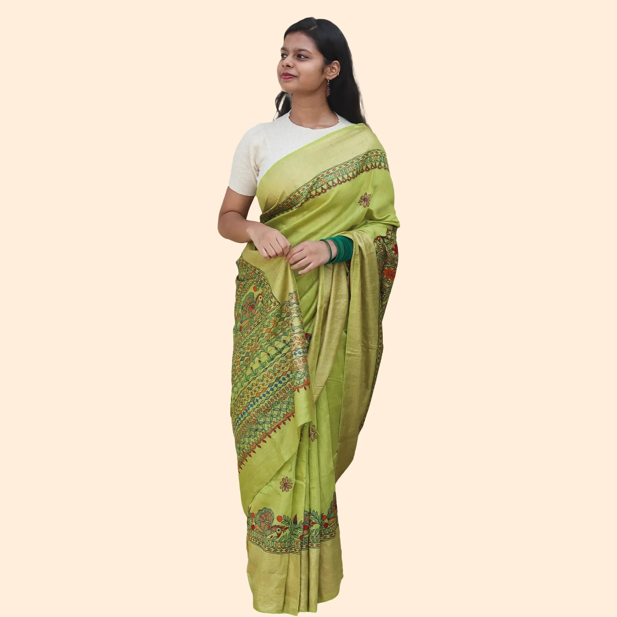 Light Yellow Madhubani Design Munga Silk Saree