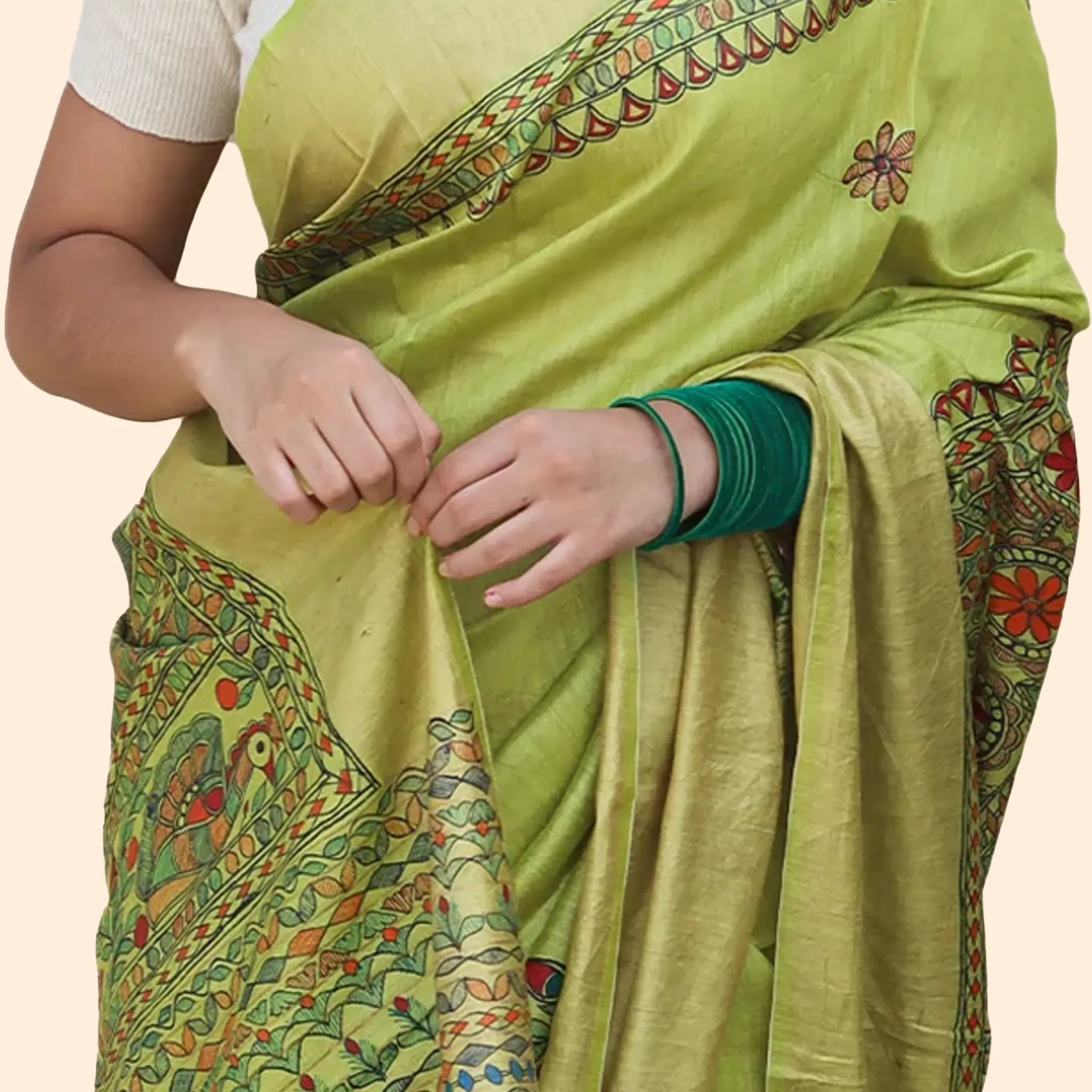 Light Yellow Madhubani Design Munga Silk Saree