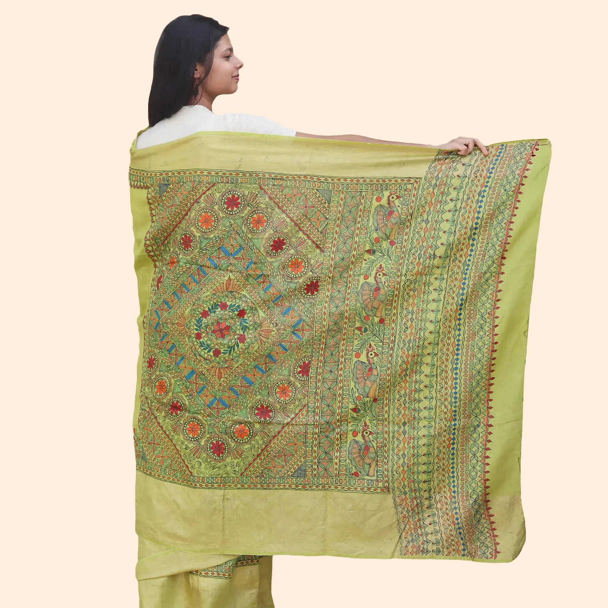 Light Yellow Madhubani Design Munga Silk Saree