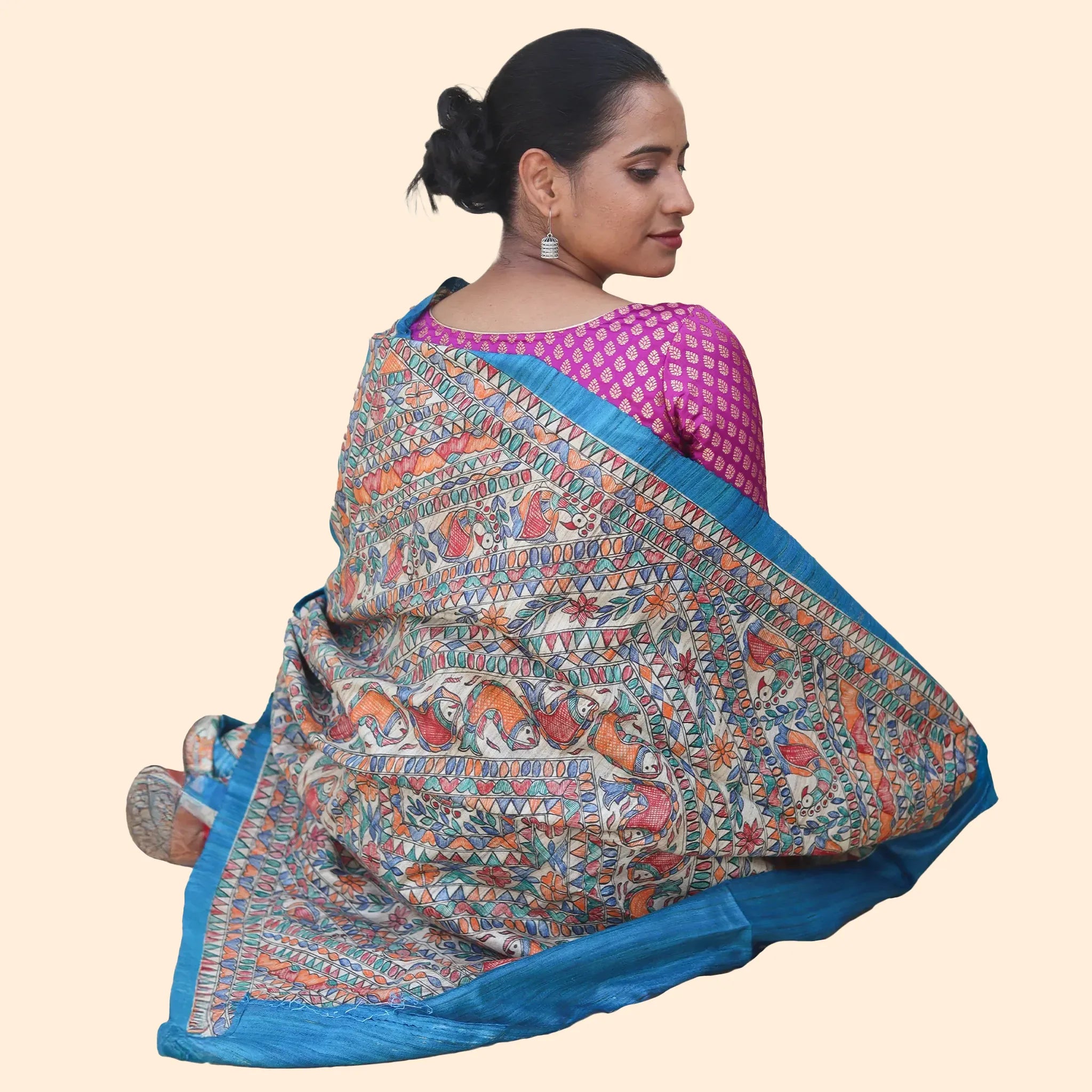 Blue Tussar Ghichcha Silk Saree With White Borders And Colorful Madhubani Motifs-Made to Order