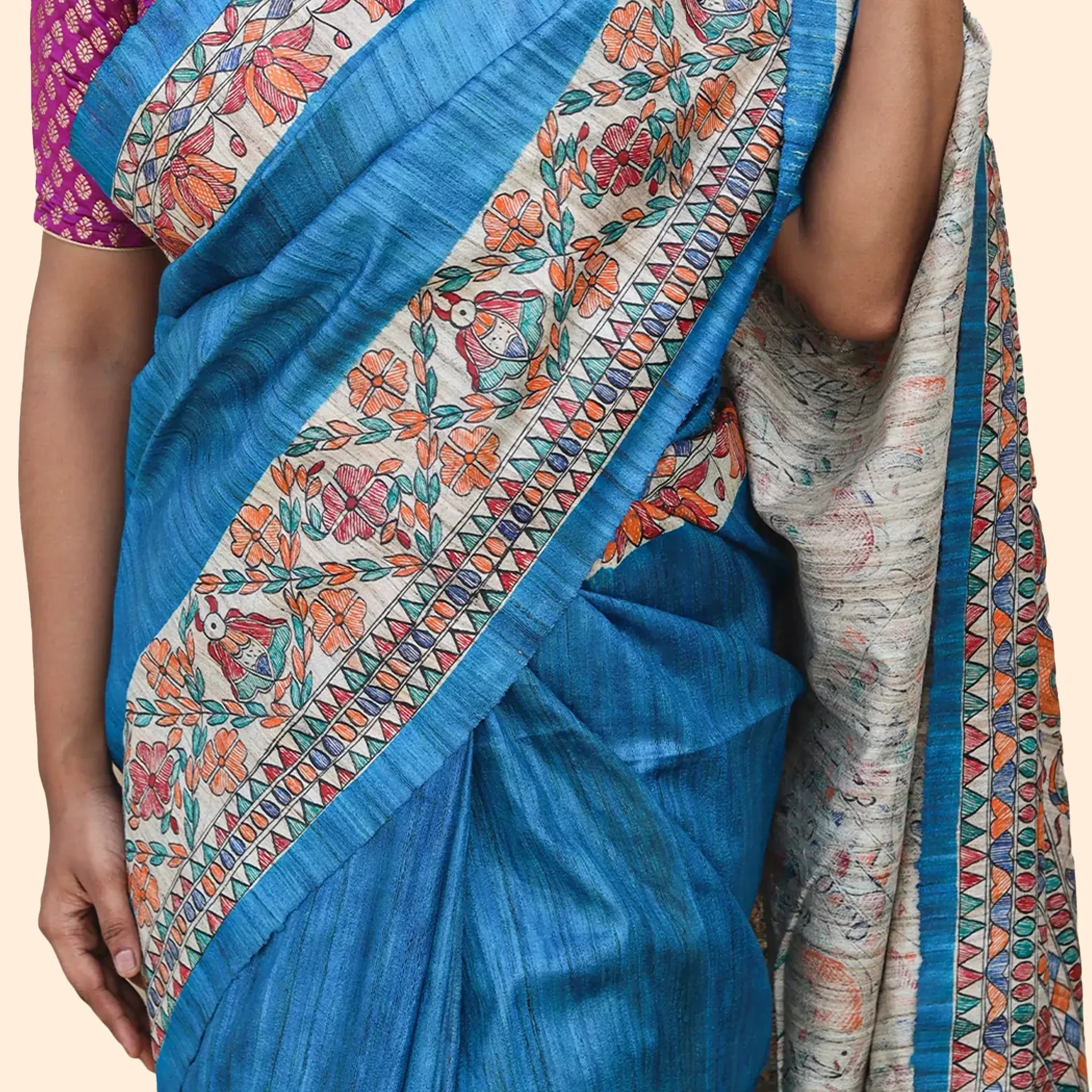 Blue Tussar Ghichcha Silk Saree With White Borders And Colorful Madhubani Motifs-Made to Order