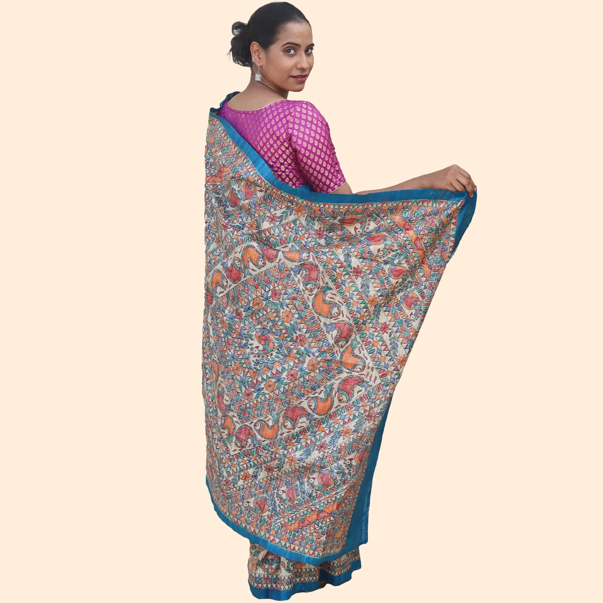 Blue Tussar Ghichcha Silk Saree With White Borders And Colorful Madhubani Motifs-Made to Order