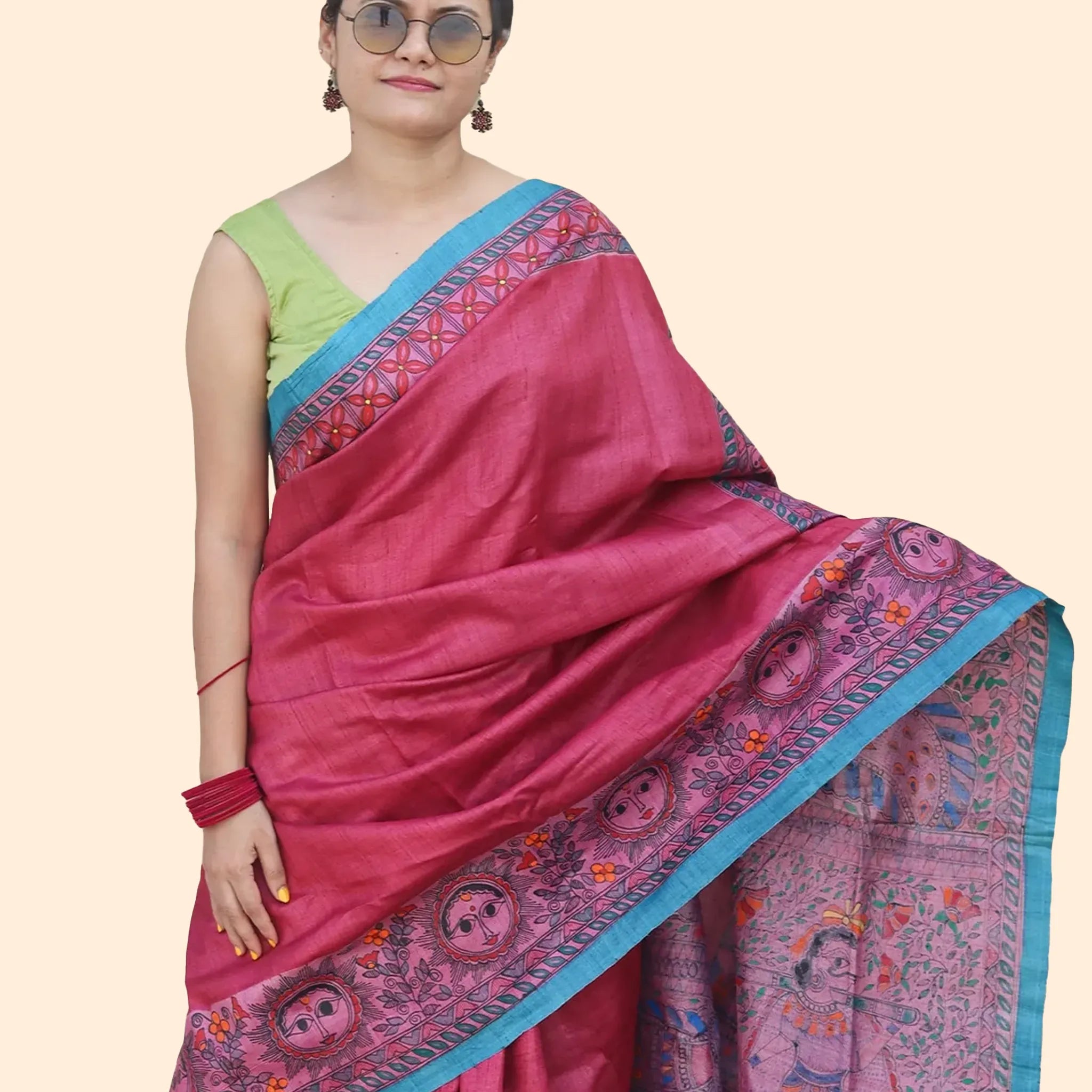 Hand-painted Madhubani Rani Pink Tussar Silk Saree-Made to Order