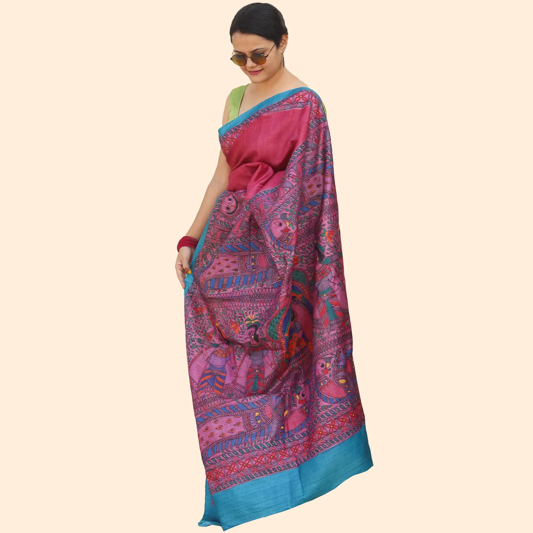 Hand-painted Madhubani Rani Pink Tussar Silk Saree-Made to Order