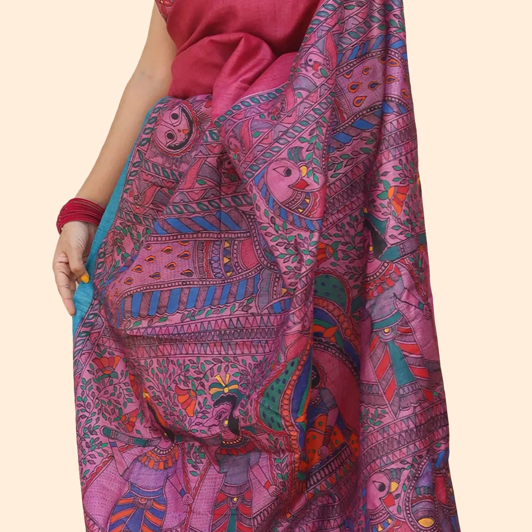 Hand-painted Madhubani Rani Pink Tussar Silk Saree-Made to Order