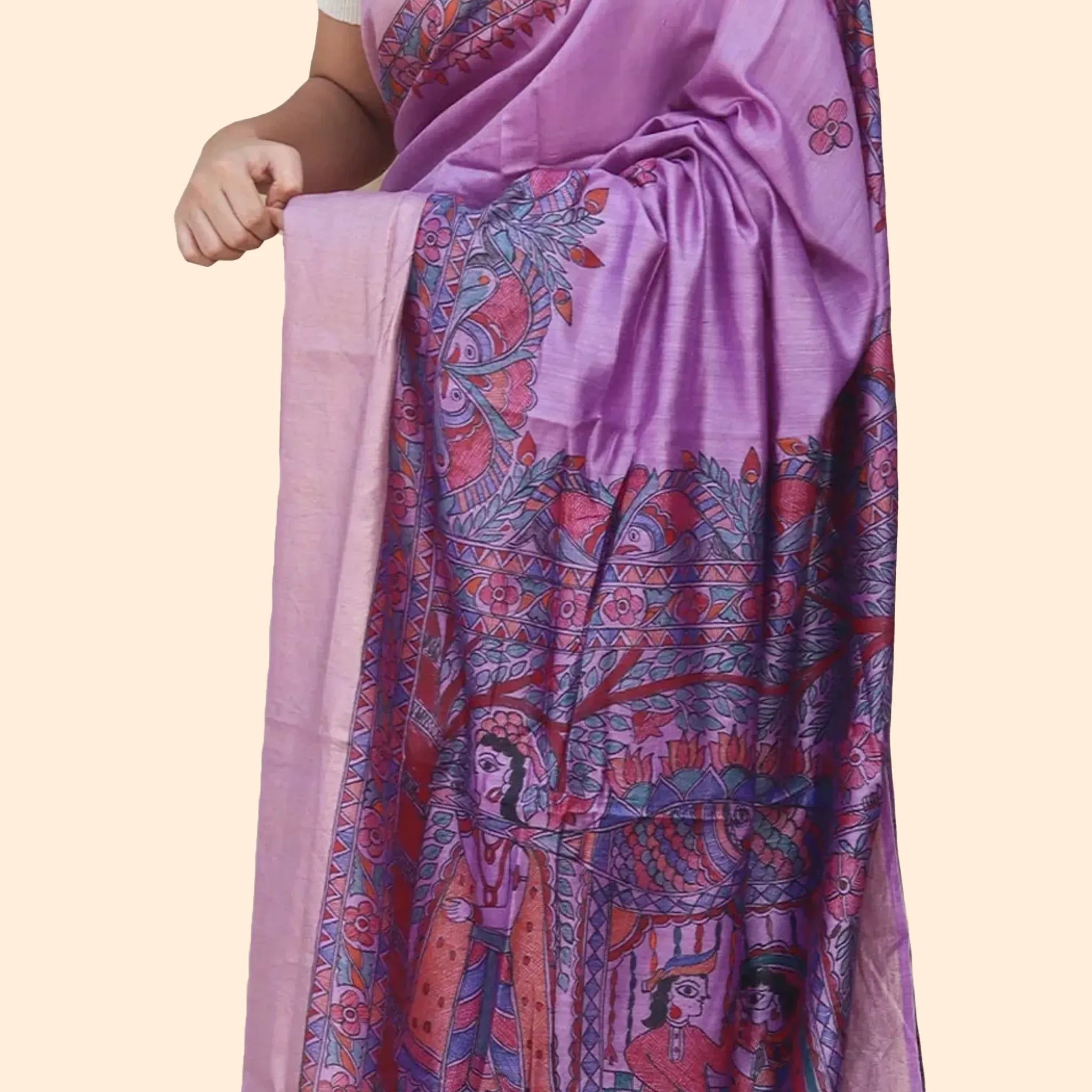 Purple Colored  Munga Silk Saree With A Red Madhubani Worked Border
