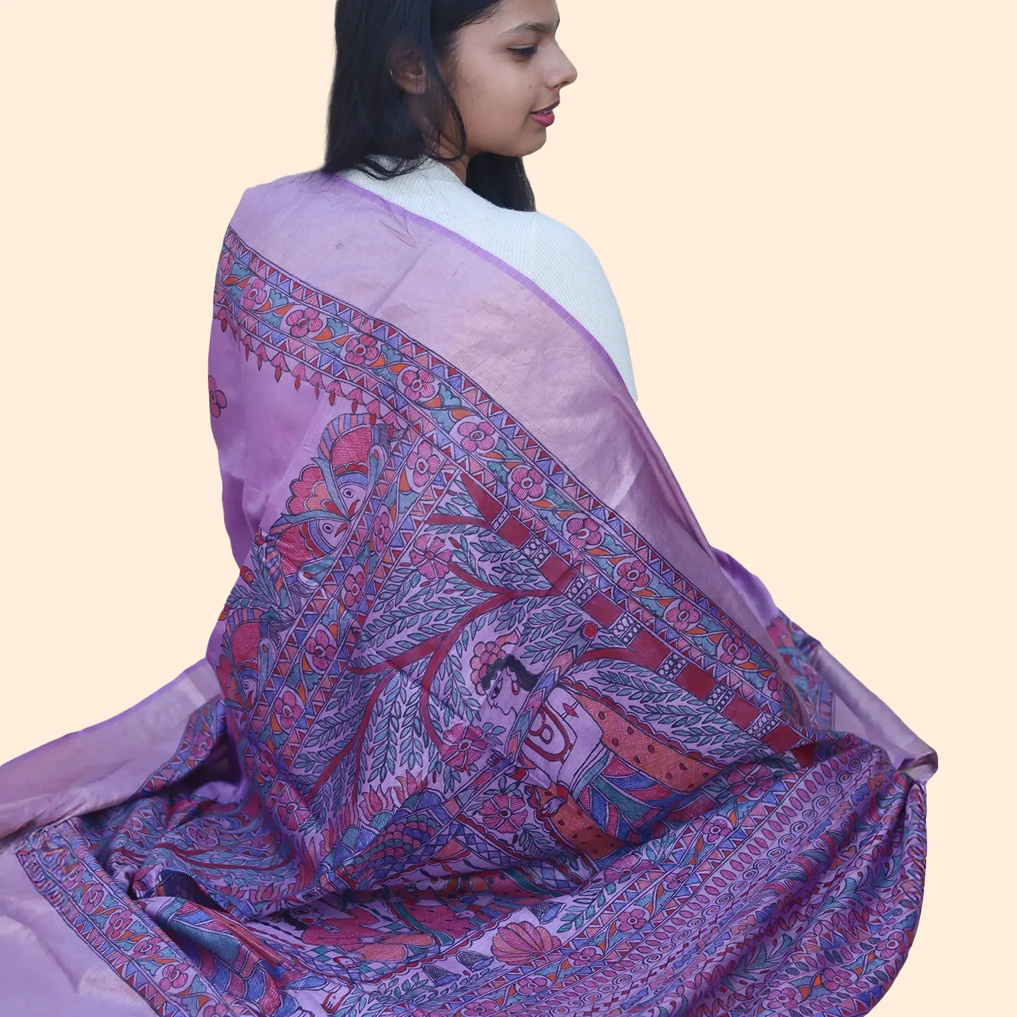 Purple Colored  Munga Silk Saree With A Red Madhubani Worked Border