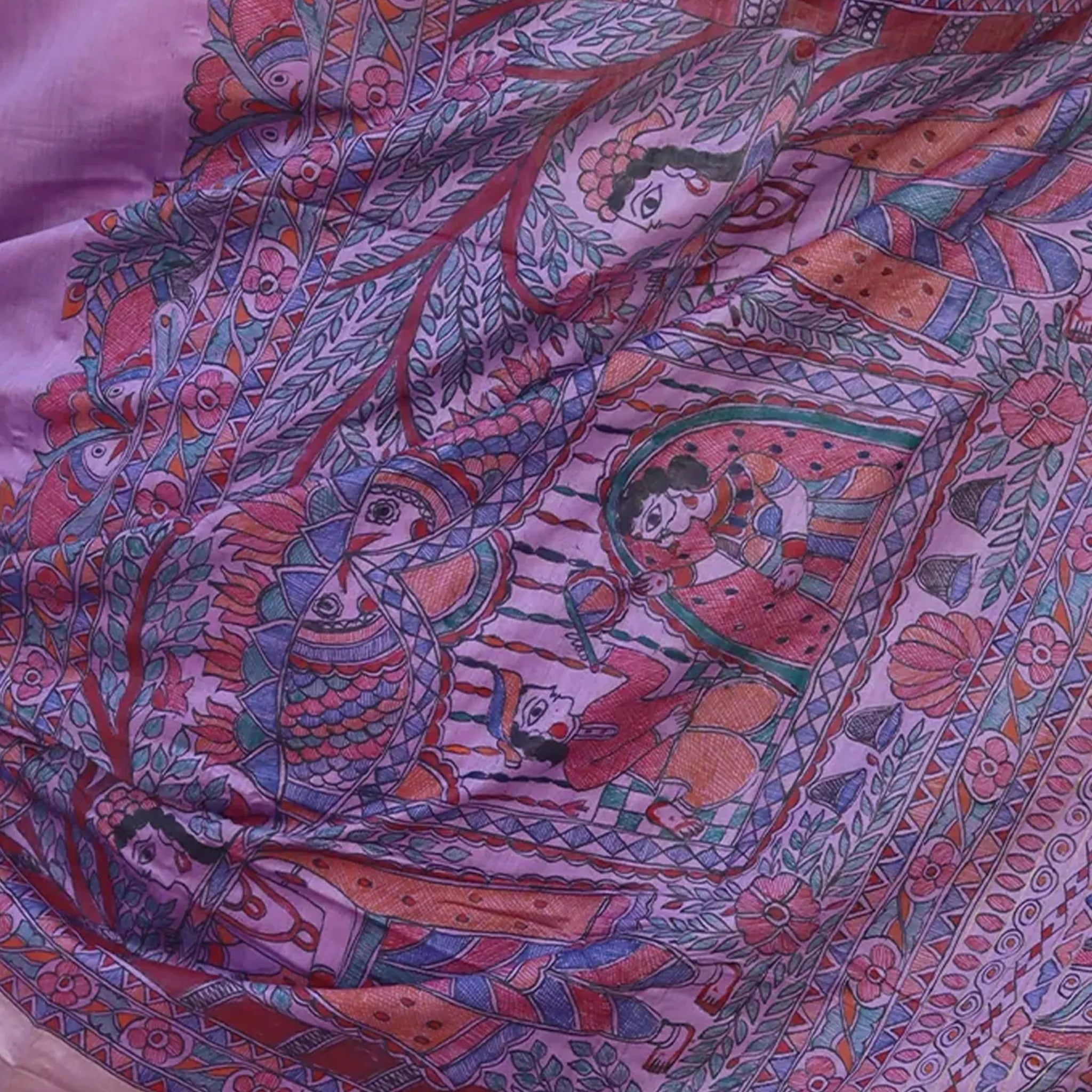 Purple Colored  Munga Silk Saree With A Red Madhubani Worked Border