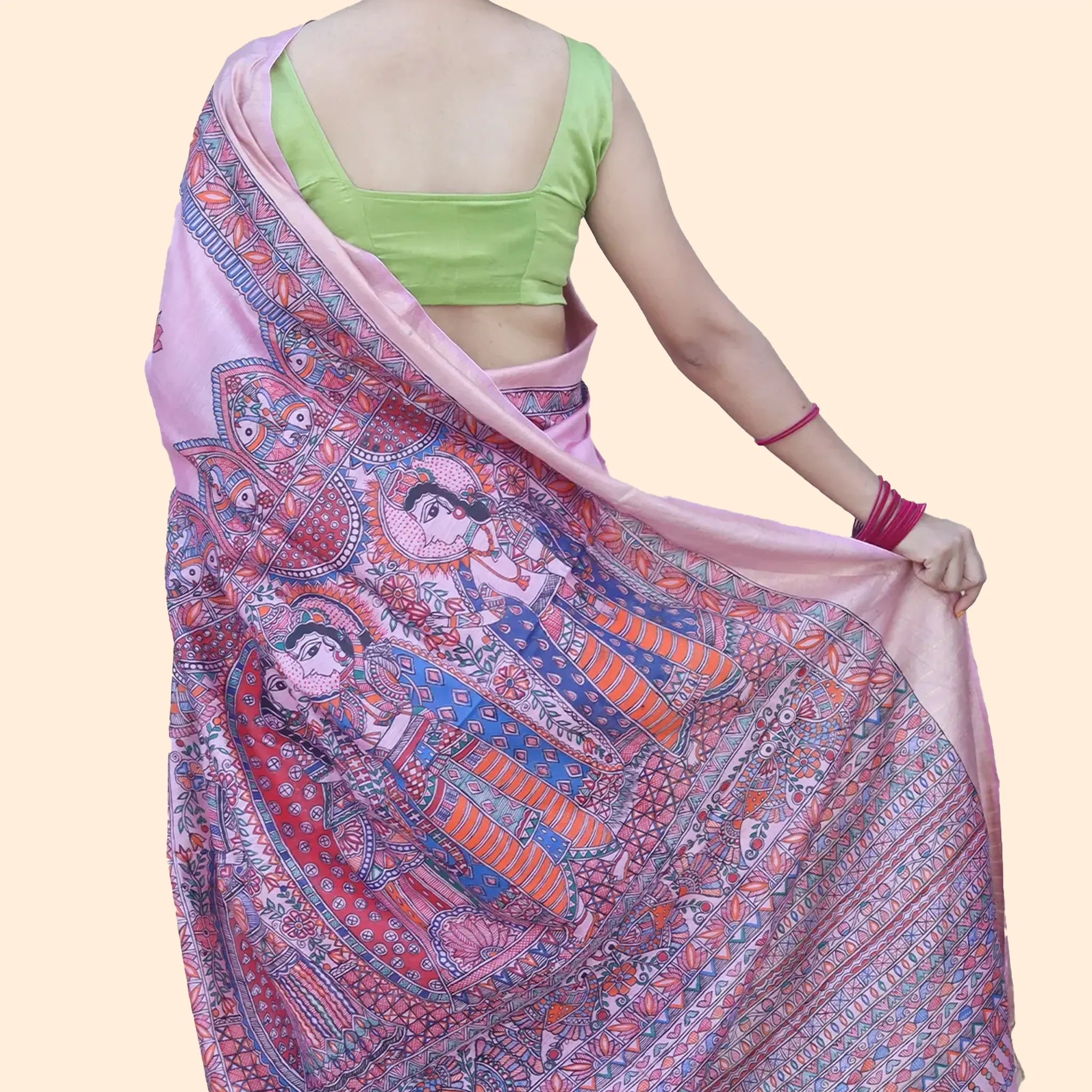 Light Purple Munga Silk Saree With Blue And Orange Madhubani Work-Made to Order
