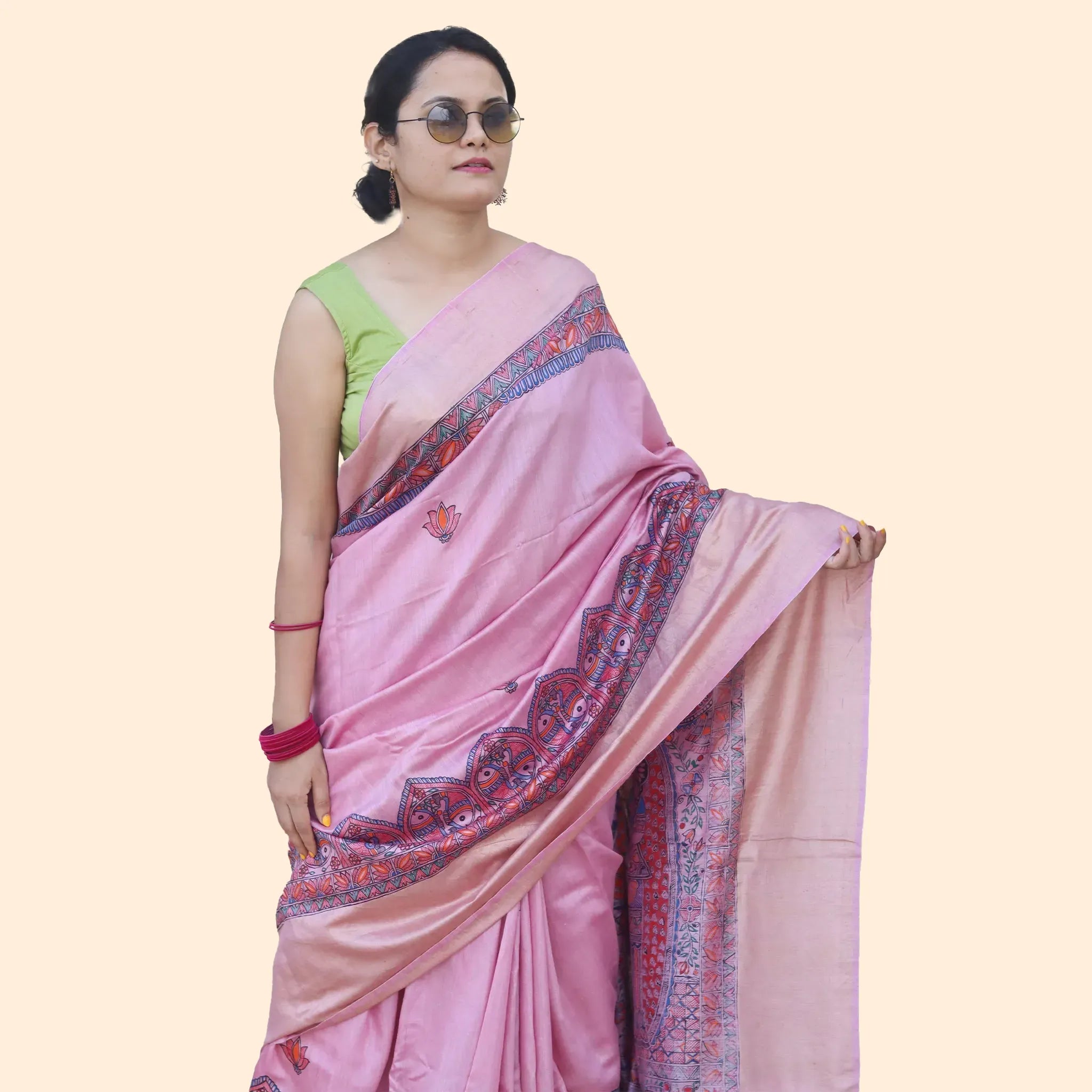 Light Purple Munga Silk Saree With Blue And Orange Madhubani Work-Made to Order