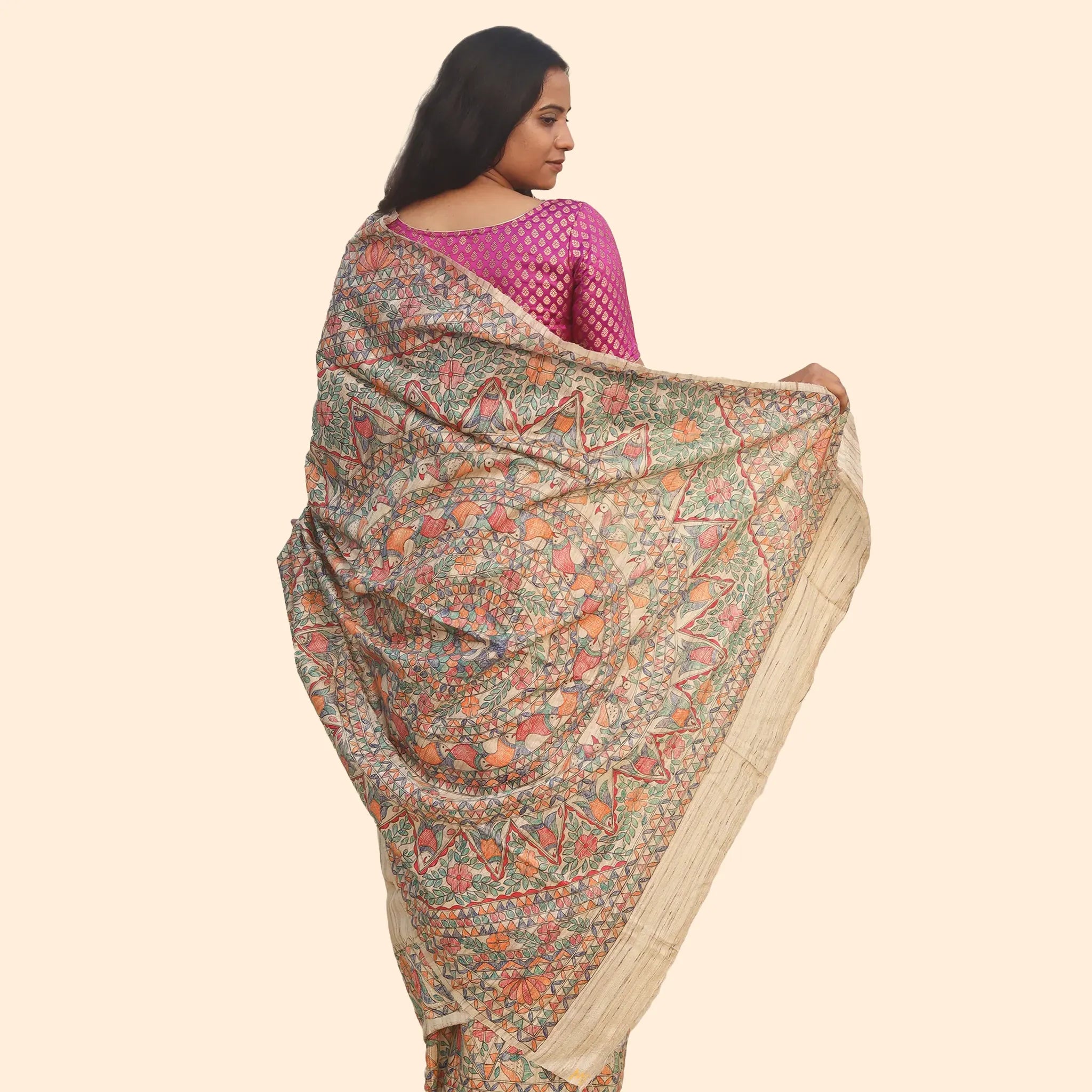 Beige Tussar Ghichcha Silk Saree With Golden Lines Madhubani Worked Border