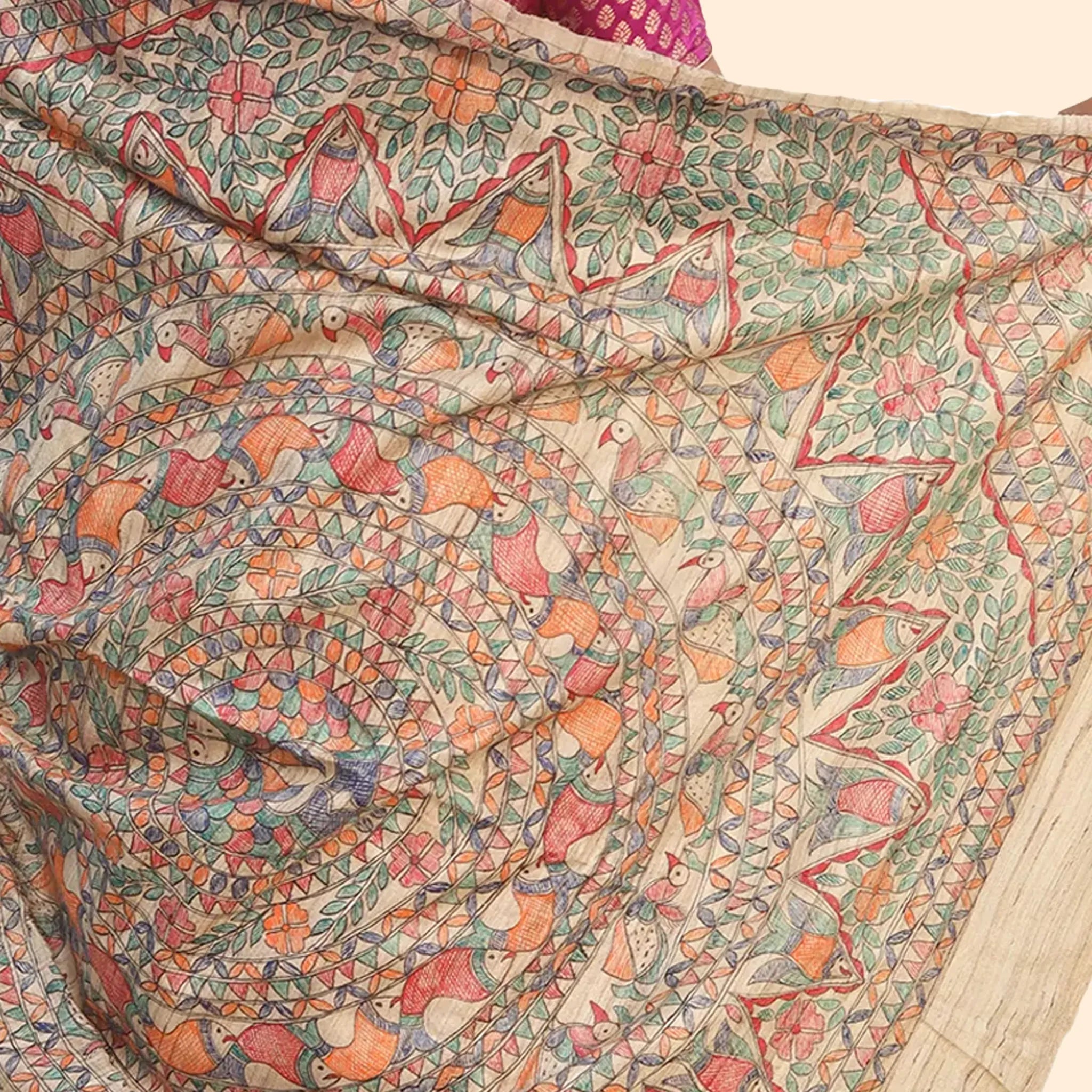 Beige Tussar Ghichcha Silk Saree With Golden Lines Madhubani Worked Border