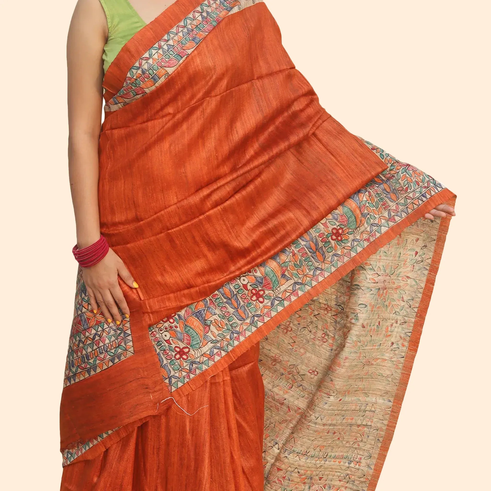 Burnt Orange Tussar Ghichcha Silk saree With Madhubani Artwork