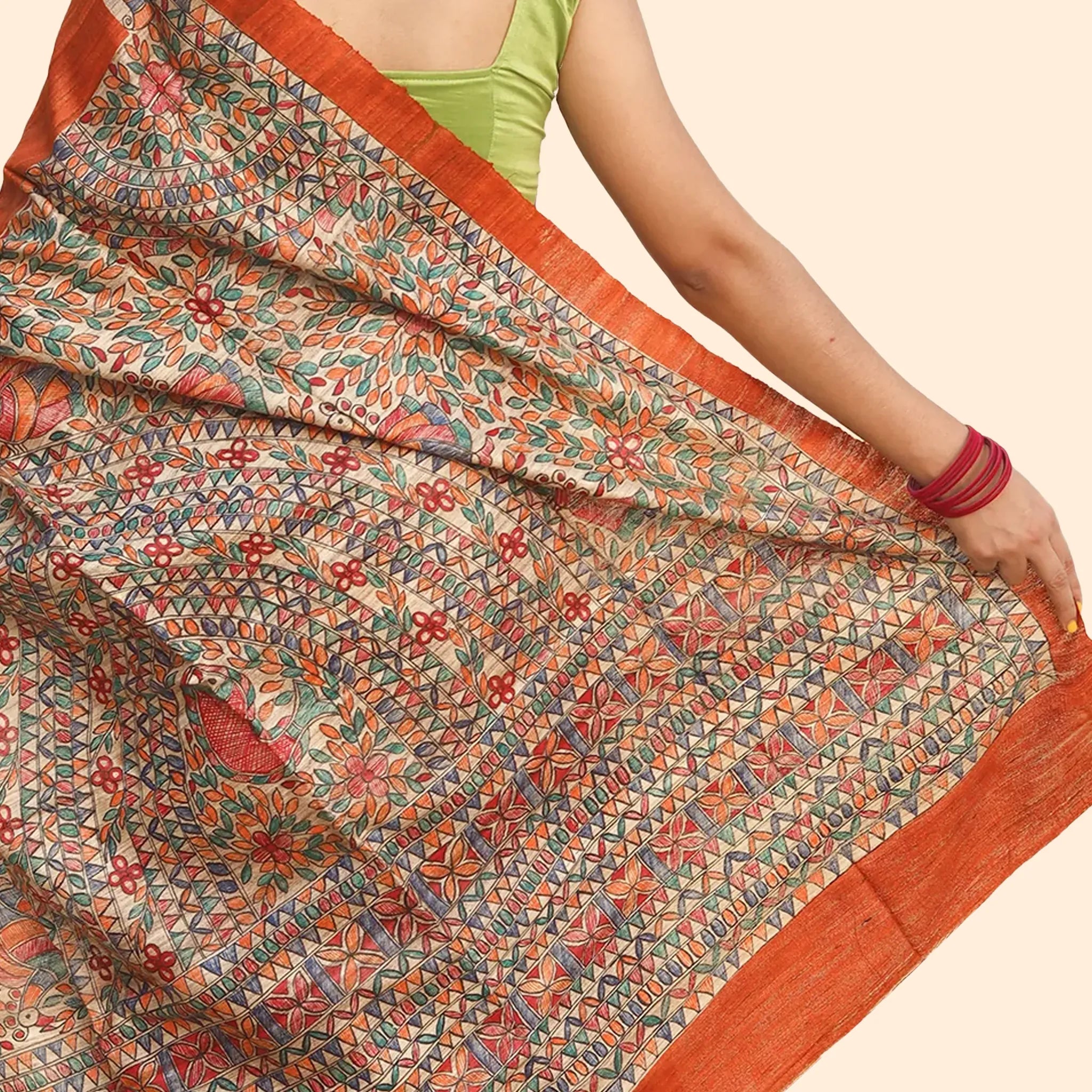 Burnt Orange Tussar Ghichcha Silk saree With Madhubani Artwork