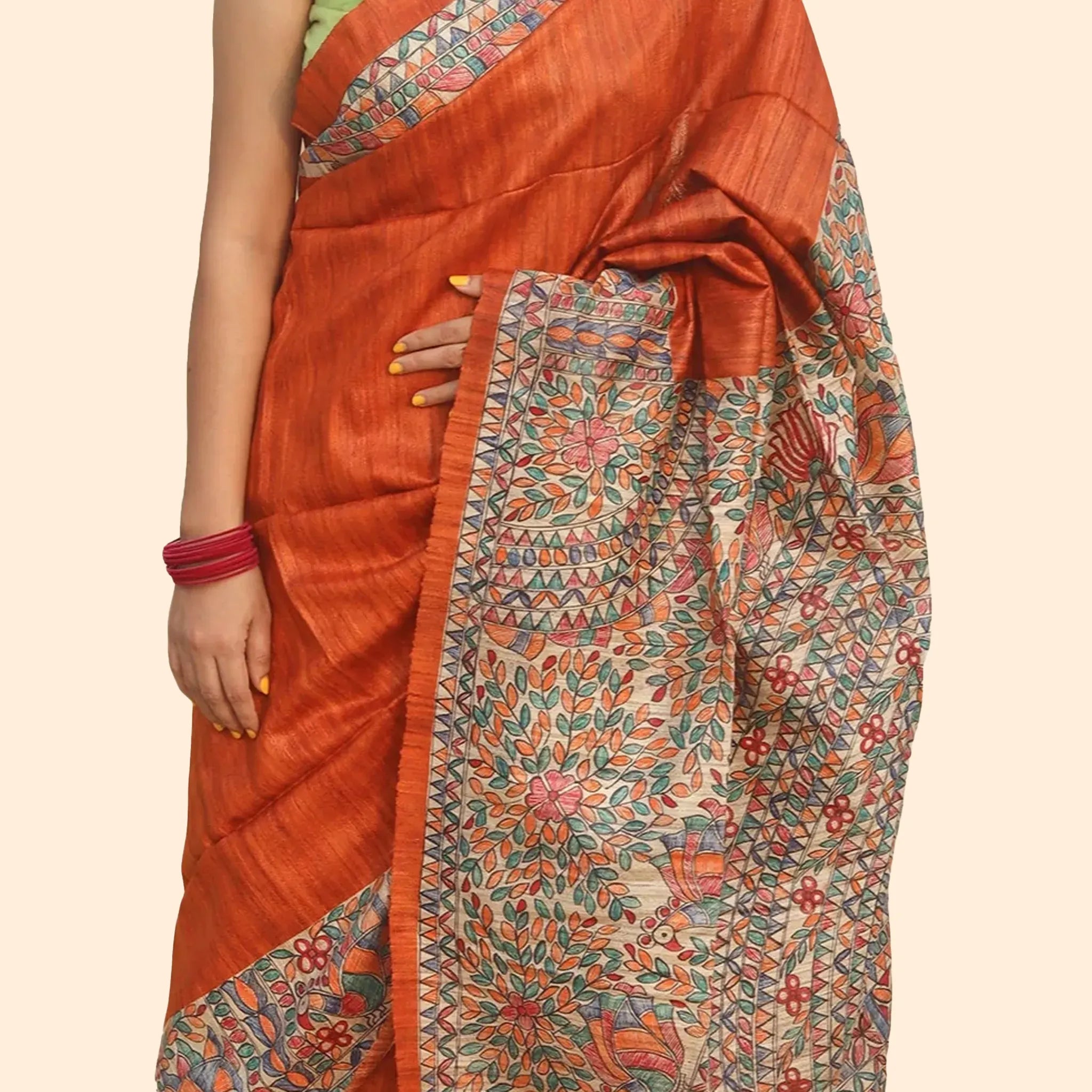 Burnt Orange Tussar Ghichcha Silk saree With Madhubani Artwork