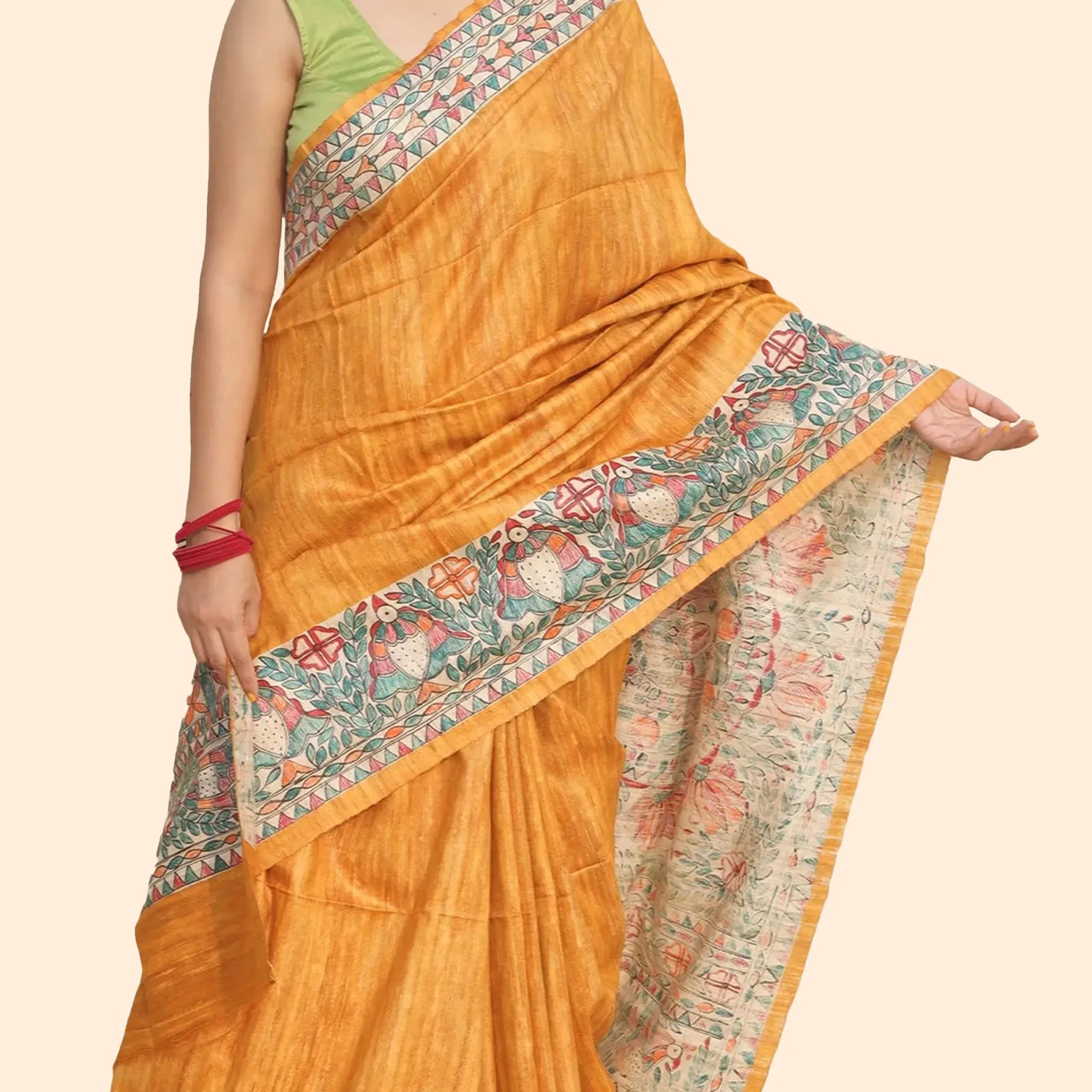 Turmeric Yellow Tussar Ghichcha Silk Saree With Madhubani Artwork