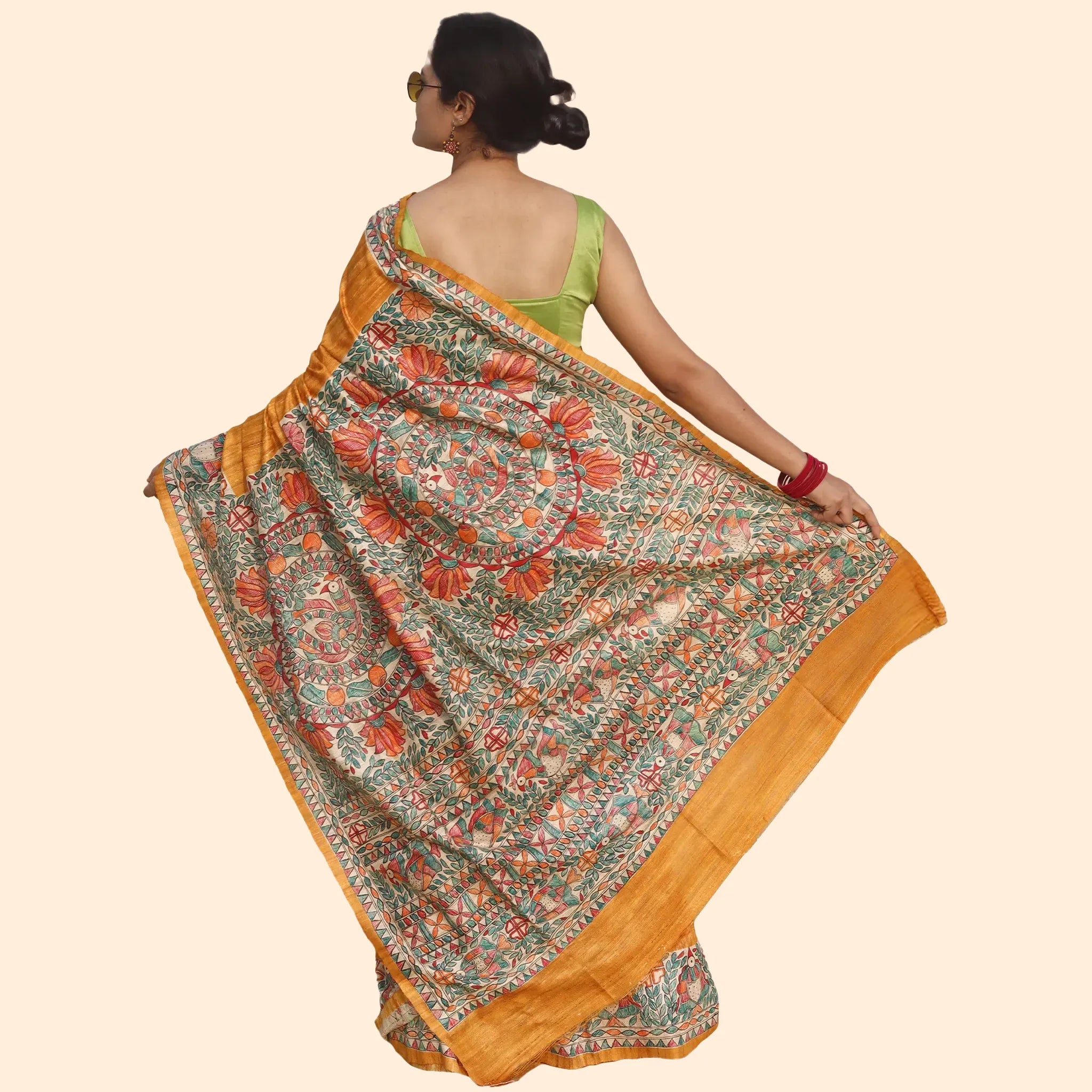 Turmeric Yellow Tussar Ghichcha Silk Saree With Madhubani Artwork