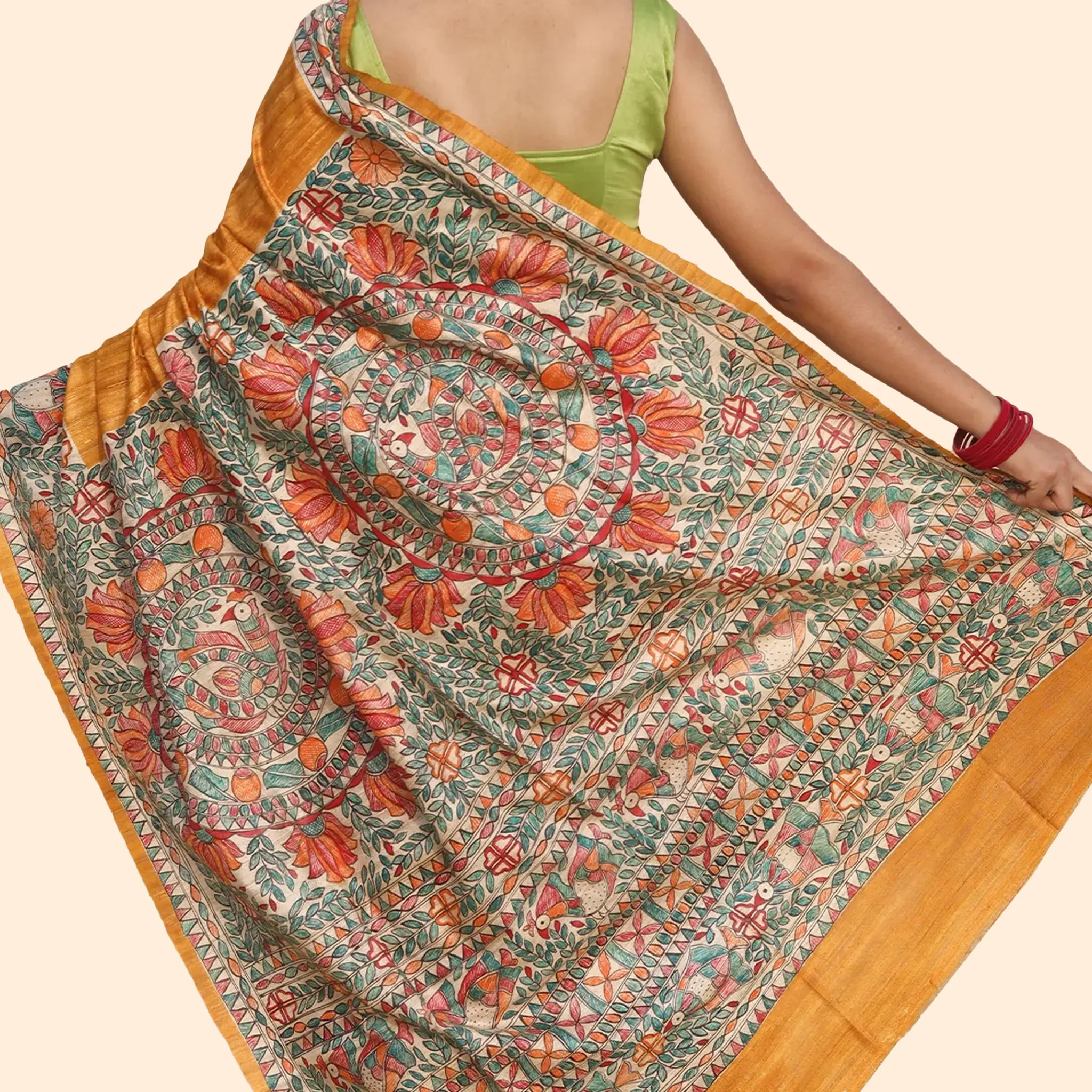 Turmeric Yellow Tussar Ghichcha Silk Saree With Madhubani Artwork
