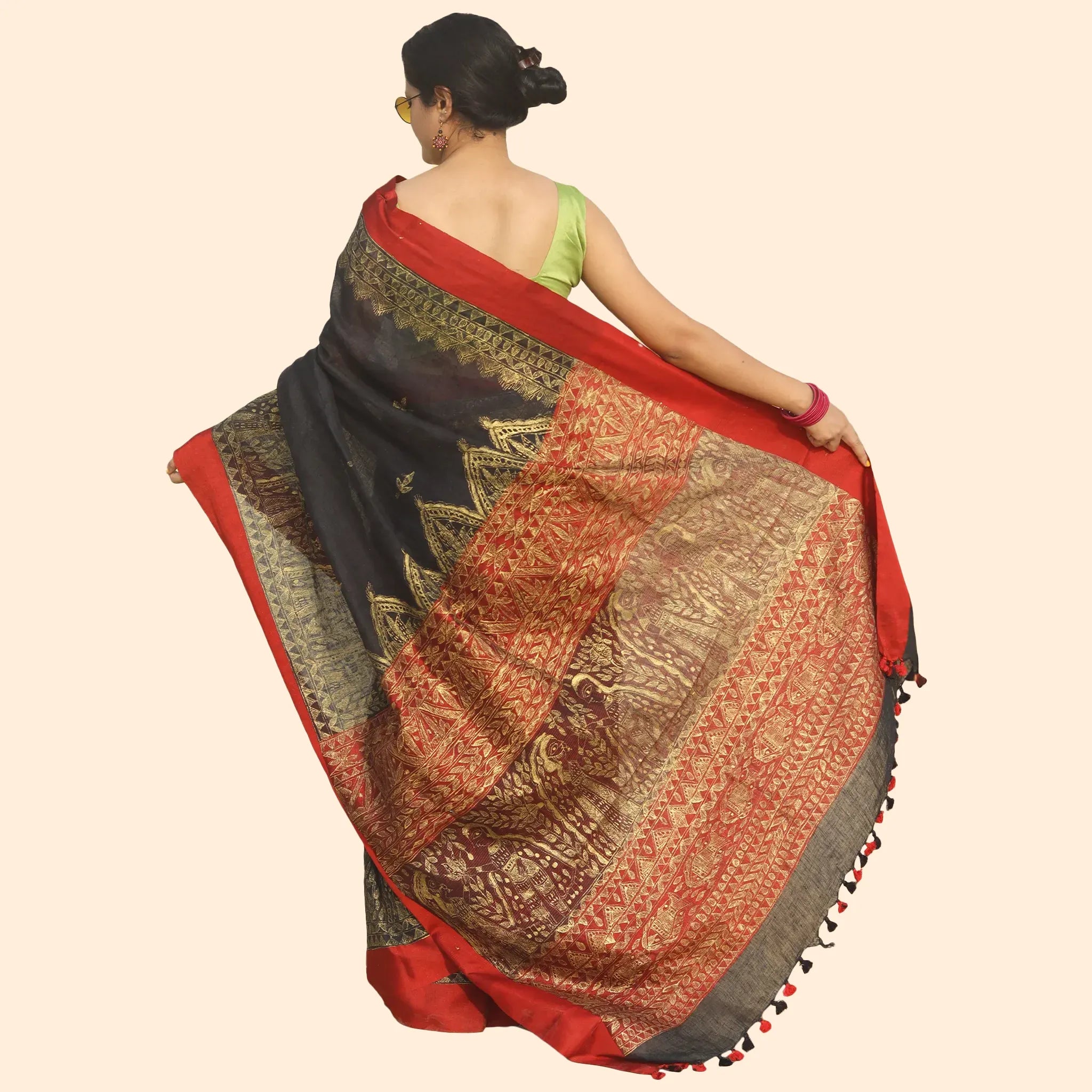 Black Linen Saree with Madhubani Artwork and Red Border