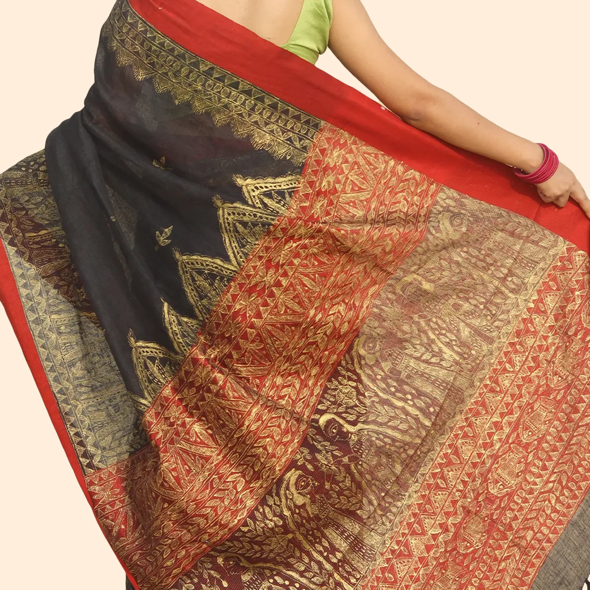 Black Linen Saree with Madhubani Artwork and Red Border