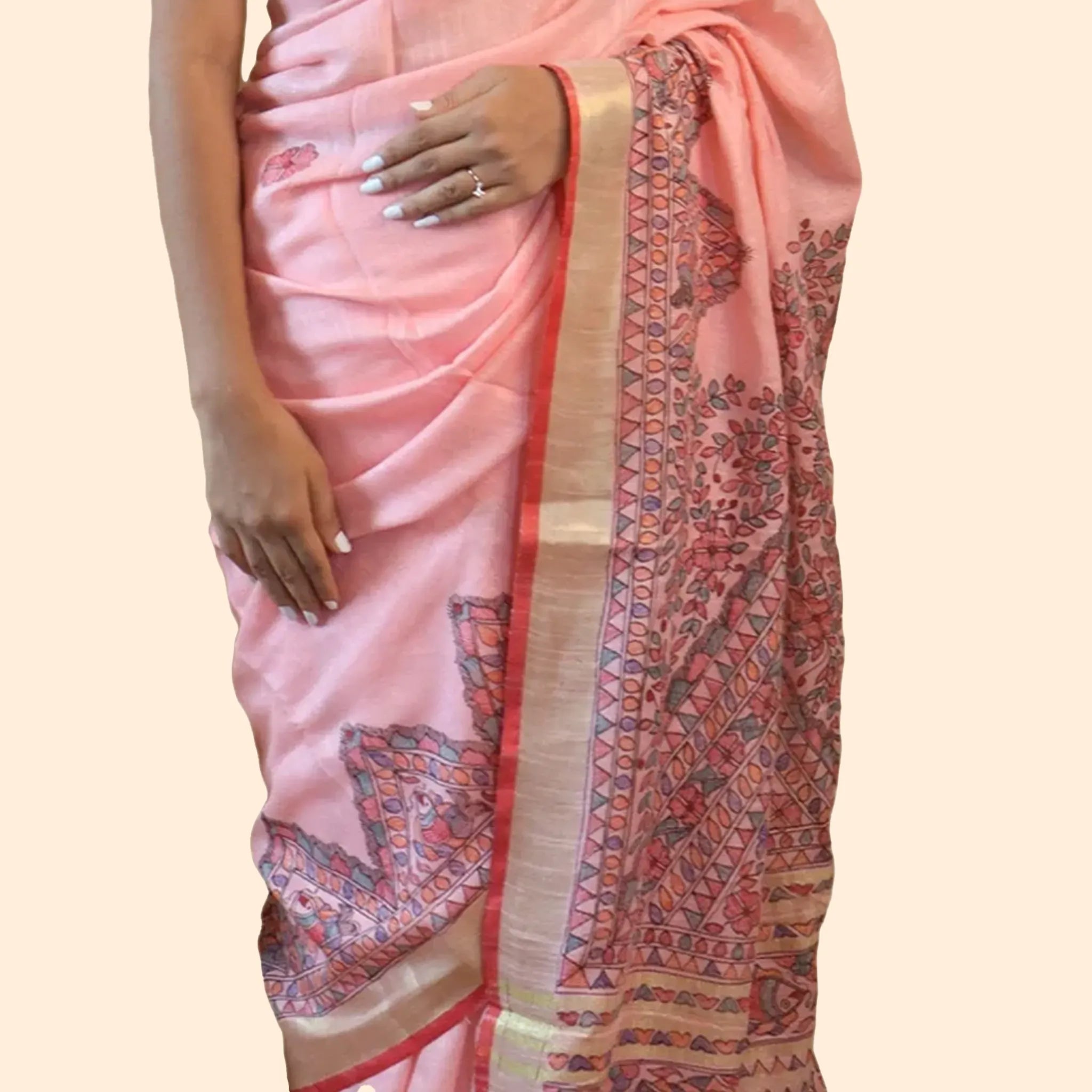 Pink Cotton Linen Saree with a Black Madhubani Bordered Design