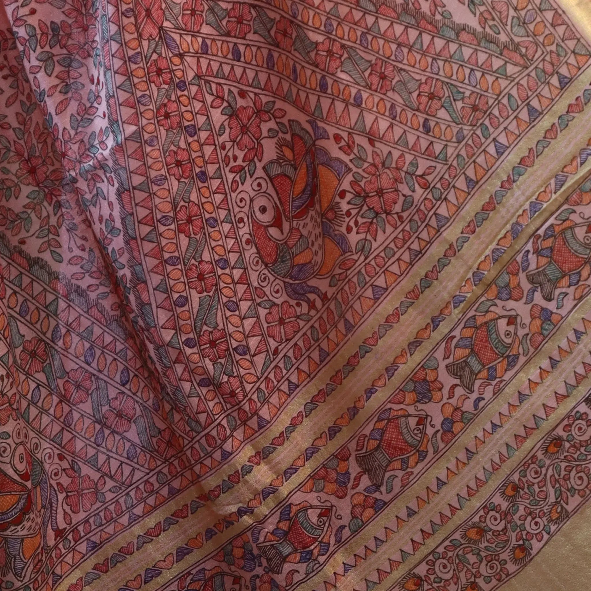 Pink Cotton Linen Saree with a Black Madhubani Bordered Design