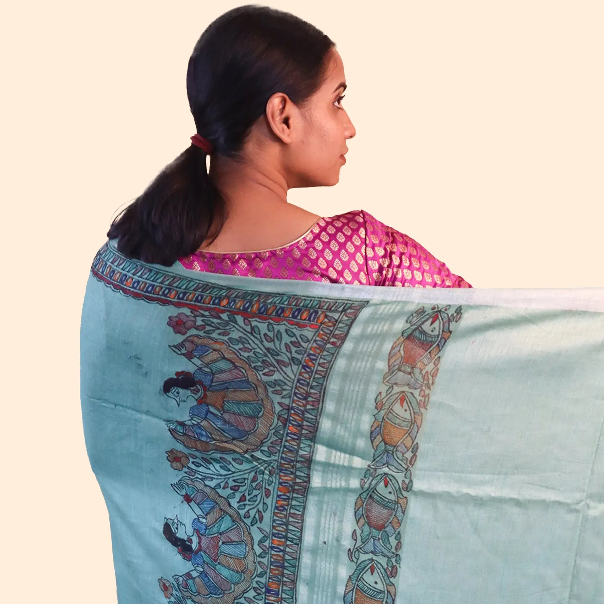Light Blue Cotton Linen Saree With A Black Bordered Madhubani Drawings