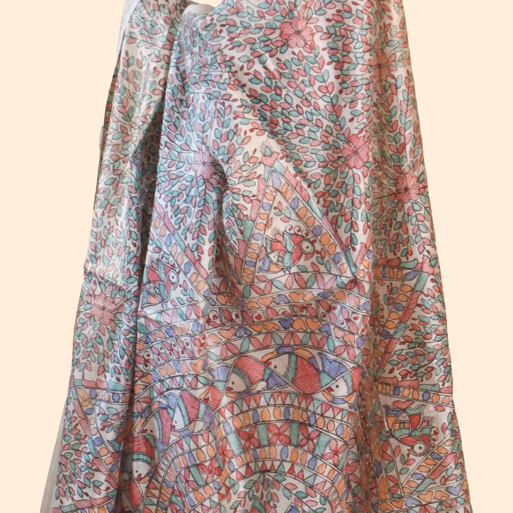 Cream Saree With A Detailed Madhubani Pallu And Border Munga Silk