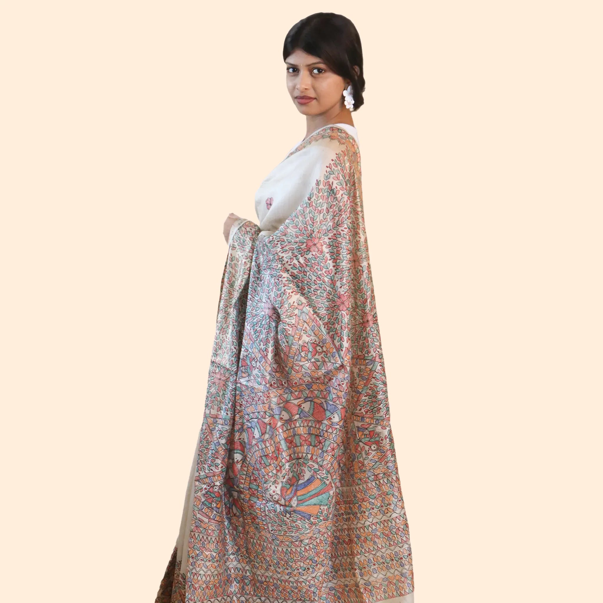 Cream Saree With A Detailed Madhubani Pallu And Border Munga Silk