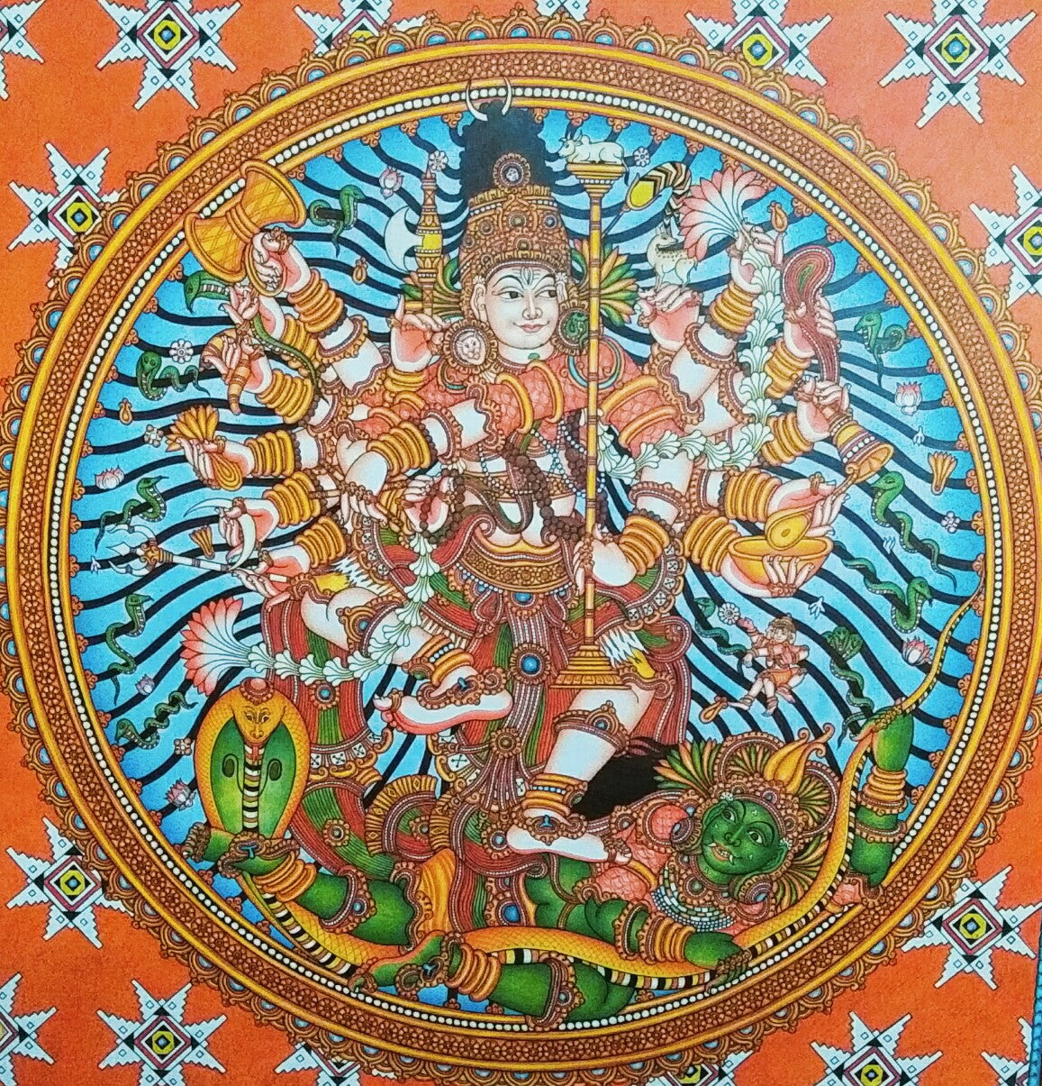 Shiva Tandavam Kerala mural painting showing Nataraja cosmic dance in traditional Panchavarna colors with sixteen arms and sacred symbols